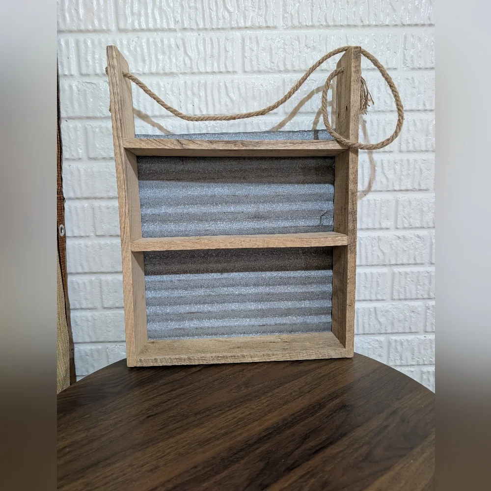 Up cycled Handmade Rustic Wooden Shelved Wall Decor with Metal Backing - Natural